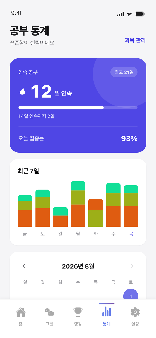 스트릭, 과목별 공부 시간, 잔디밭으로 공부 기록을 보여주는 하마하마 통계 화면